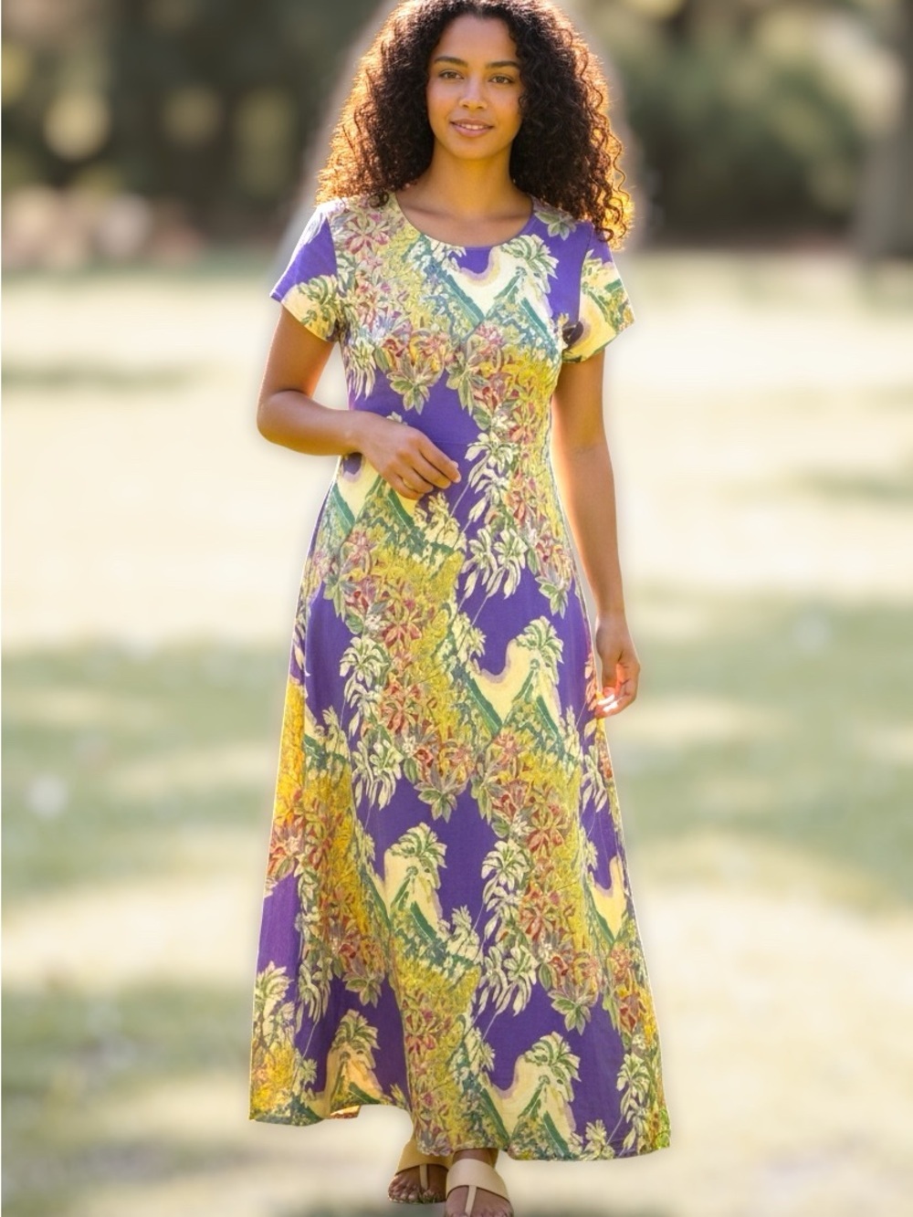 Vintage Carole Little Floral Maxi Dress USA Purple Green Streetwear Womens L